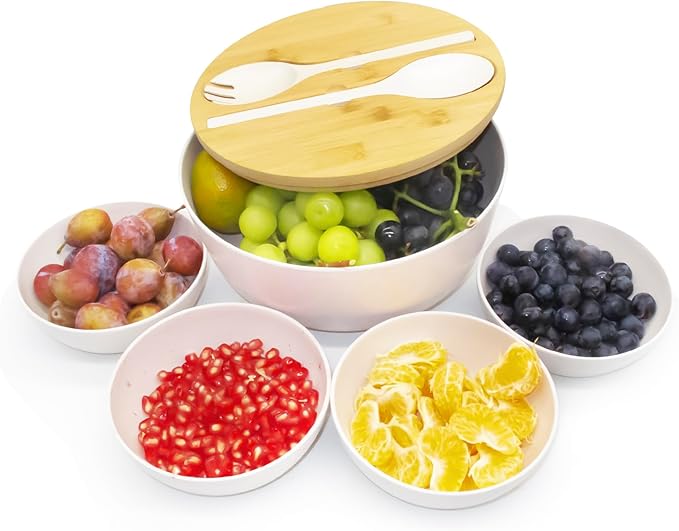 ECOWAY Bamboo Fiber Salad Bowl with Lid,Salad Maxing Bowl with Bamboo Lid and Utensils for Camping,Melamine Salad Bowls with 4 Serving Bowls,Spoon,Fork for Pasta and Fruits,(White,9.8inches)