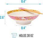 Silver Buffalo Sanrio Hello Kitty Pink and Gold Japanese Pattern with Flowers Ceramic Ramen Noodle Rice Bowl with Chopsticks, Microwave Safe, 30 Ounces