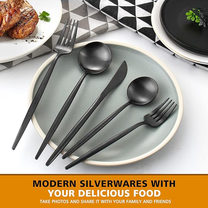 Matte Black Silverware Set, Oliviola 40-Piece Stainless Steel Flatware Cutlery Set Service for 8, Satin Finish Kitchen Utensil Set, Dishwasher Safe