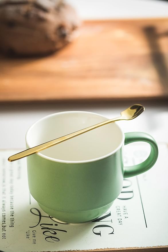 YHOSSEUN 11 Oz Coffee Mugs with Rack and Metal Spoon - Christmas Coffee Cups with Stand for Espresso, Latte, Cappuccino - Ceramic Tea Cup Demitasse Cups Set of 4 for Coffee Time, Green