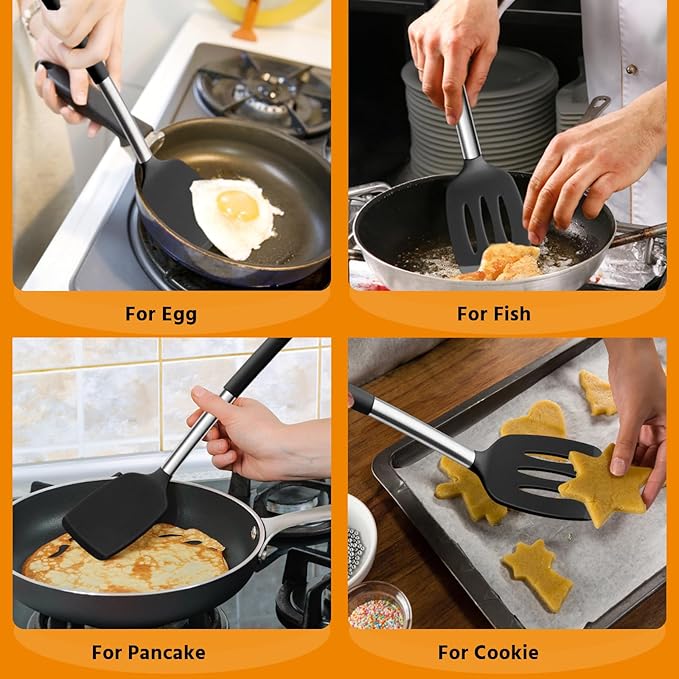 E-far Silicone Spatula Set of 2, Solid & Slotted Turner for Nonstick Cookware, Heat Resistant Rubber Kitchen Cooking Utensils for Flipping Fish Pancake Egg - Black