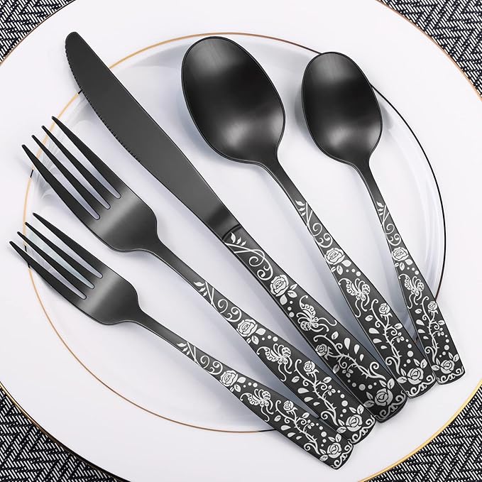 Matte Black Rose Flower Pattern Silverware Set for 8,OIULO 40-Piece Flatware set,18/0 Stain Finish Stainless Steel Decorative,Vintage Cutlery 8,Design Handle,Daily Party Event Serving Dishwasher Safe