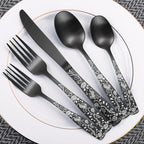 Matte Black Rose Flower Pattern Silverware Set for 8,OIULO 40-Piece Flatware set,18/0 Stain Finish Stainless Steel Decorative,Vintage Cutlery 8,Design Handle,Daily Party Event Serving Dishwasher Safe