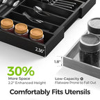 Bamboo Kitchen Drawer Organizer, Expandable Silverware Organizer with Removable Knife Block, 6-8 Slots- Utensil Holder & Cutlery Tray Drawer Dividers, 2.36" Deep for Extra Capacity, Black