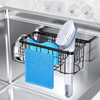 StorageRight 4-in-1 Sponge Holder for Kitchen Sink, Sink Caddy Organizers and Storage with Adhesive Hook & Suction Cups, Rustproof Kitchen Sink Organizer for Home Decor - Black