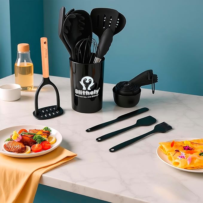 Large Silicone Kitchen Utensils Set with Holder, 25Pcs Cooking Utensil Set with Wooden Handle, Heat Resistant Spatula Sets for Cooking, BPA Free Silicone Utensils Set for Non-Stick Cookware(Black)