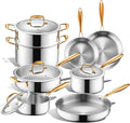 Triple Ply Stainless Steel Pots and Pans Set, EWFEN 12 Piece Induction Cookware Set, Oven Dishwasher Safe | Frying Pans, Saucepans, Saute Pan & Stock Pot, PFOA Free Kitchen Skillet, Gold