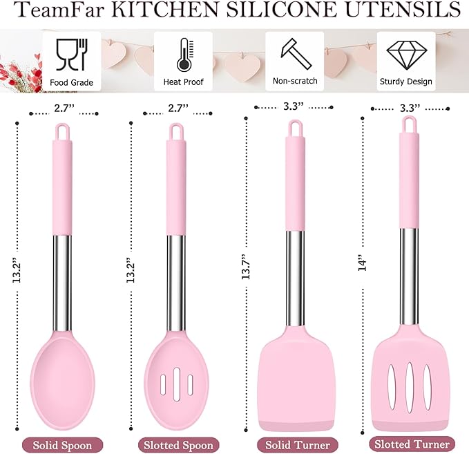 TeamFar Kitchen Utensils, 4 PCS Silicone Cooking Utensils Spatula Spoon Set with Stainless Steel Handle, for Frying Mixing Draining Turning, Healthy & Heat-proof, Non-stick & Dishwasher Safe - Pink