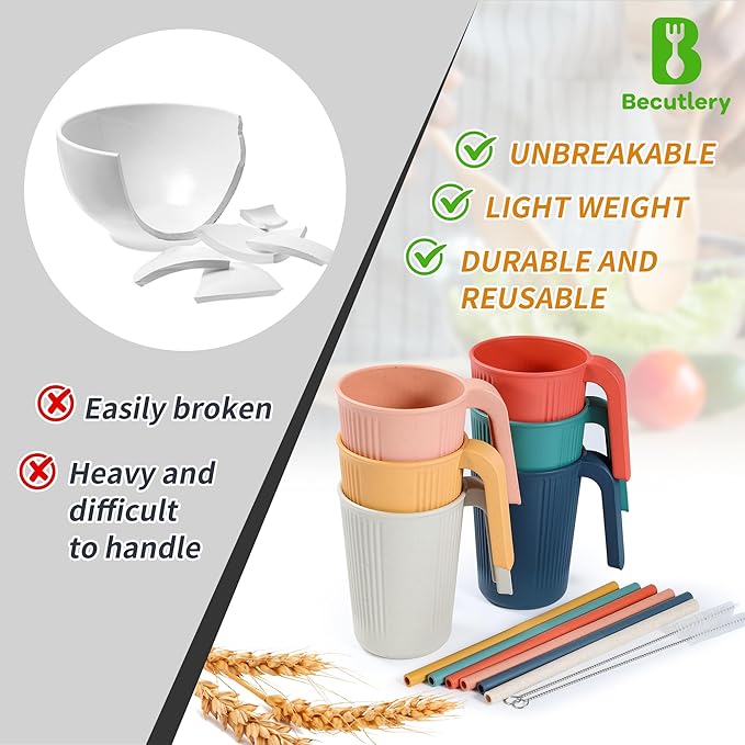 Wheat Straw Coffee Mugs 6-Pack– Unbreakable & Lightweight Cups, 12oz Stackable Cups with 6 Detachable Straws & 2 Cleaning Brushes (Colorful, 12, Fluid Ounces)