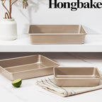 HONGBAKE Deep Baking Pans Set for Oven, Nonstick Rectangle Sheet Cake Pans for Baking, 13/11/9 Inch Rectangular Oven Tray for Cooking Brownie Lasagna, Stackable Multi-Depth Bakeware, Golden