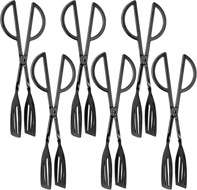 6PCS 9.8-Inch Stainless Steel Salad Tongs for Serving Heavy Duty Serving Tongs for Home Parties, Weddings, Buffets, Barbecues, Kitchen Utensils for Cake, Steak, Salad and More (6, Black)