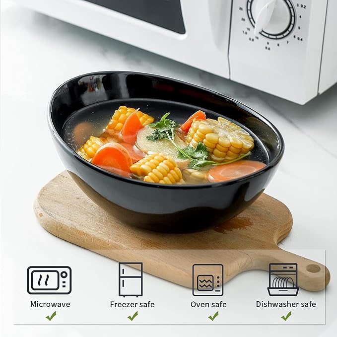 HASENSE 40oz Serving Bowls & Salad Bowls Set of 4– Large Ceramic Mixing Bowls for Kitchen, Stackable Design for Pasta, Fruit, Popcorn, Side Dishes, Soup, Microwave & Dishwasher Safe, Black