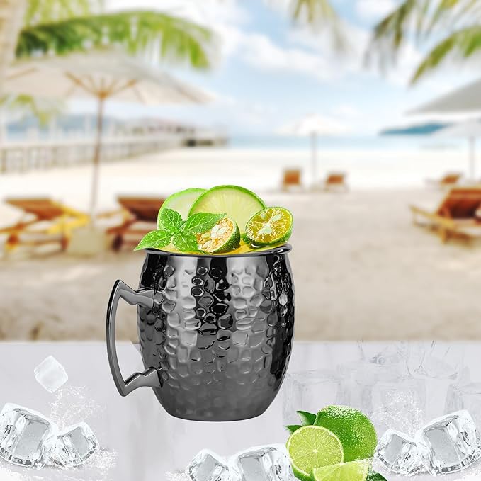 Amrules Moscow Mule Mugs, 16 OZ Black Hammered Mule Cup with 304 Stainless Steel Lining and Brass Handle, for Cold Drinks, Beer, Wine, Bars, Parties