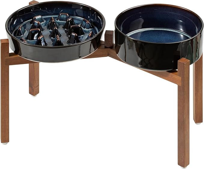 Havniva Ceramic 3.2 Cup Raised Slow Feeder Dog Bowl Set, Elevated 8.2inch Bowl and 9.5inch Slow Feeder Dish with Acacia Wood Stand for Large Dog (2 x Starry Sky+ Stand)