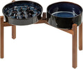 Havniva Ceramic 3.2 Cup Raised Slow Feeder Dog Bowl Set, Elevated 8.2inch Bowl and 9.5inch Slow Feeder Dish with Acacia Wood Stand for Large Dog (2 x Starry Sky+ Stand)