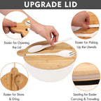 ShineMe Large Salad Bowl with Lid, 9.8inches White Salad Serving Bowl Set with Utensils, Bamboo Wooden Salad Bowl with Multifunctional Lid with Handle and Silicone Seal Ring