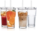20oz Glass Tumblers with Lids and Straws, Set of 4 - Stylish Ribbed Design Drinking Glasses for Iced Coffee Cups, Juice, Smoothies, Cold Beverages, Includes Cleaning Brush, Durable Glassware