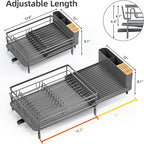 Urackify Large Dish Drying Rack, Expandable Dish Racks for Kitchen Counter, Multifunctional Dish Drainer with Utensil Holder & Cup Holder, 18.5"-26.7" L x 12.7" W, Gray