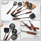 304 Stainless Steel Kitchen Utensils Set, 6 Pcs Long Cooking Utensils Set with Wooden Handle, Large Heat Resistant Kitchen Tools(Black, Dishwasher Safe)