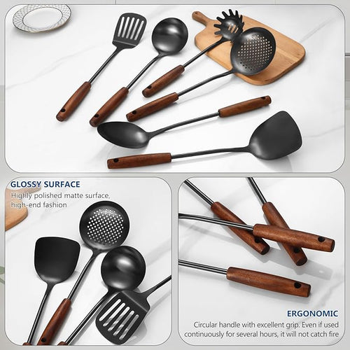 304 Stainless Steel Kitchen Utensils Set, 6 Pcs Long Cooking Utensils Set with Wooden Handle, Large Heat Resistant Kitchen Tools(Black, Dishwasher Safe)