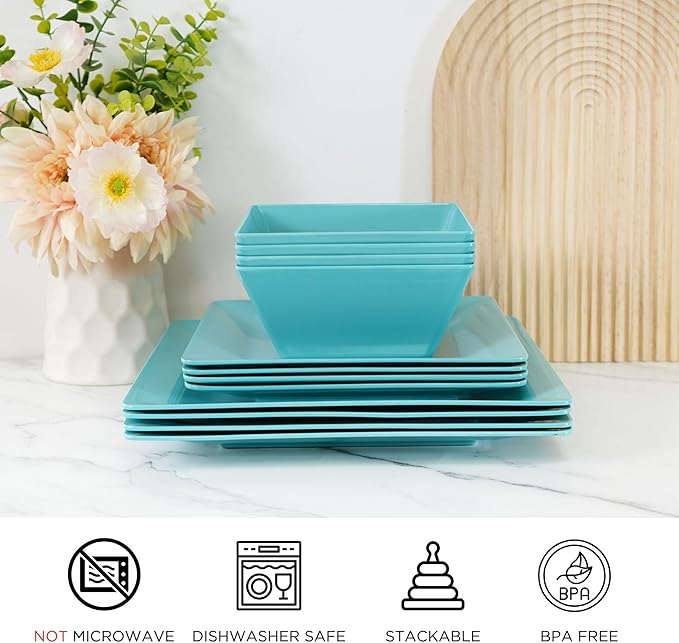 TP 12-Piece Melamine Dinnerware Sets, Plates and Bowls Dishes Set for 4, Break-Resistant & Non-Microwavable, Lightweight Square Dinner Plates, Teal