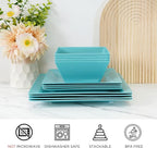 TP 12-Piece Melamine Dinnerware Sets, Plates and Bowls Dishes Set for 4, Break-Resistant & Non-Microwavable, Lightweight Square Dinner Plates, Teal