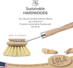 LOLA Dishwashing & Vegetable Brush The Original, 3" Head, Sustainable Wood Handle w/Tampico Fiber Bristles, Safe for Non-Stick Pans, Dishes, Cast Iron Skillet - Easy Head Only Replacement, 1 Pk
