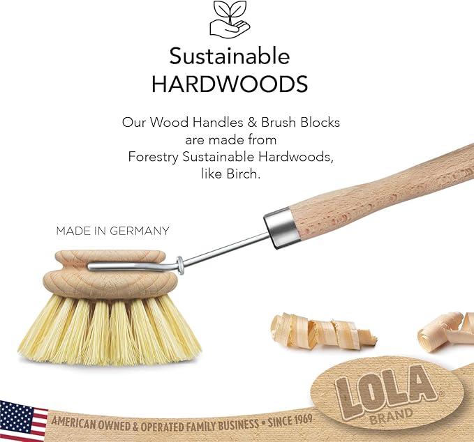 LOLA Dishwashing & Vegetable Brush The Original, 3" Head, Sustainable Wood Handle w/Tampico Fiber Bristles, Safe for Non-Stick Pans, Dishes, Cast Iron Skillet - Easy Head Only Replacement, 1 Pk