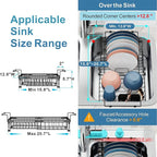 iSPECLE Expandable Dish Drying Rack with Silicone Mat for Large Kitchen Sink or On Counter, Rust Resistant Adjustable Over The Sink Dish Drainer with Tightening Knob, 12.8" W x 15.8"-20.7" L, Black