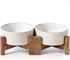 Getstar Ceramic Dog Bowls Set with Acacia Wood Stand, 3.5 Cups Pet Bowls Set of 2 for Medium Dogs, Cute Dog Food Bowl, Cat Bowls