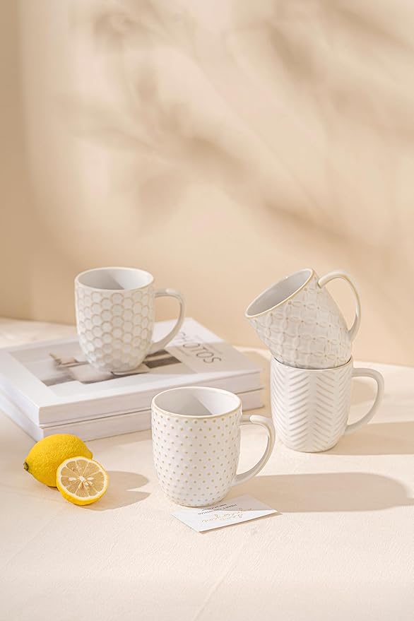 FOBENTA Ceramic Coffee Mugs Set of 4, 12oz Embossed Cups with Elegant Patterns – A Thoughtful Gift for Women, Mom, or Friends,Perfect for Tea, Latte, Cocoa (Arctic White, 12 OZ)