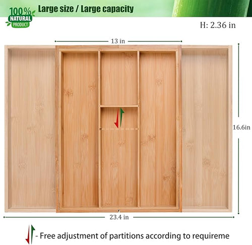 Bamboo Silverware Organizer, Expandable Kitchen Drawer Organizer and Utensil Organizer, Cutlery Tray with Drawer Dividers for Kitchen Utensils and Flatware, Bedroom, Living Room (Natural)