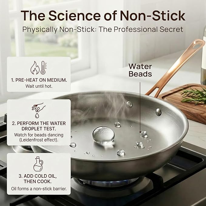 KOKHUB 11 Inch Tri-Ply Stainless Steel Pan, Retro Skillet with Tempered Glass Lid, PFOA/PTFE/PFAS Free Cooking Pan, Non Toxic Cookware, Oven Safe, Dishwasher Friendly, Induction Compatible