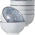 Houlu 6 in Small Japanese Bowls Set of 6, Versatile 30 oz Blue and White Porcelain Bowls for Soup, Cereal, Salad, Desserts, and Side Dishes - Leaf Pattern