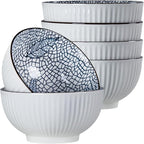 Houlu 6 in Small Japanese Bowls Set of 6, Versatile 30 oz Blue and White Porcelain Bowls for Soup, Cereal, Salad, Desserts, and Side Dishes - Leaf Pattern