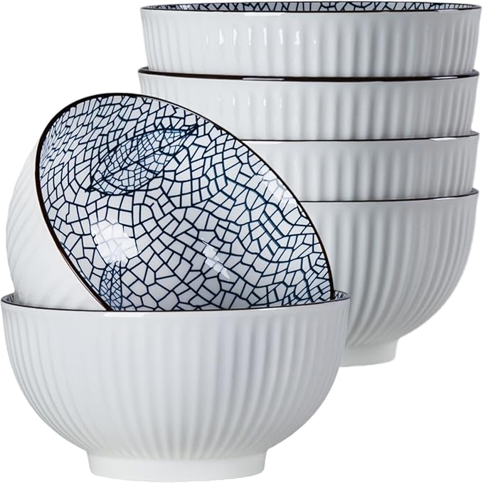 Houlu 6 in Small Japanese Bowls Set of 6, Versatile 30 oz Blue and White Porcelain Bowls for Soup, Cereal, Salad, Desserts, and Side Dishes - Leaf Pattern