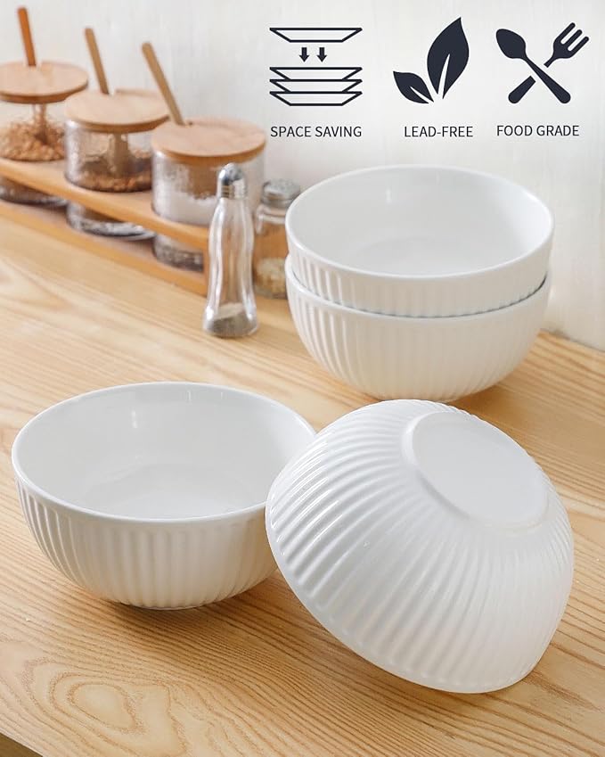 HASENSE Large Serving Bowls 7 Inch - 42 Oz White Ceramic Salad Bowl Set of 4 for Kitchen,Modern Ribbed Porcelain Dishes for Entertaining,Soup,Pho,Pasta,Cereal, Noodle - Dishwasher & Microwave Safe