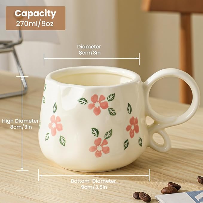Ceramic Cute Coffee Mug For Women, Pretty Coffee Mug,Espresso Mug,9 Oz (270ml) Floral Mug (Flower)