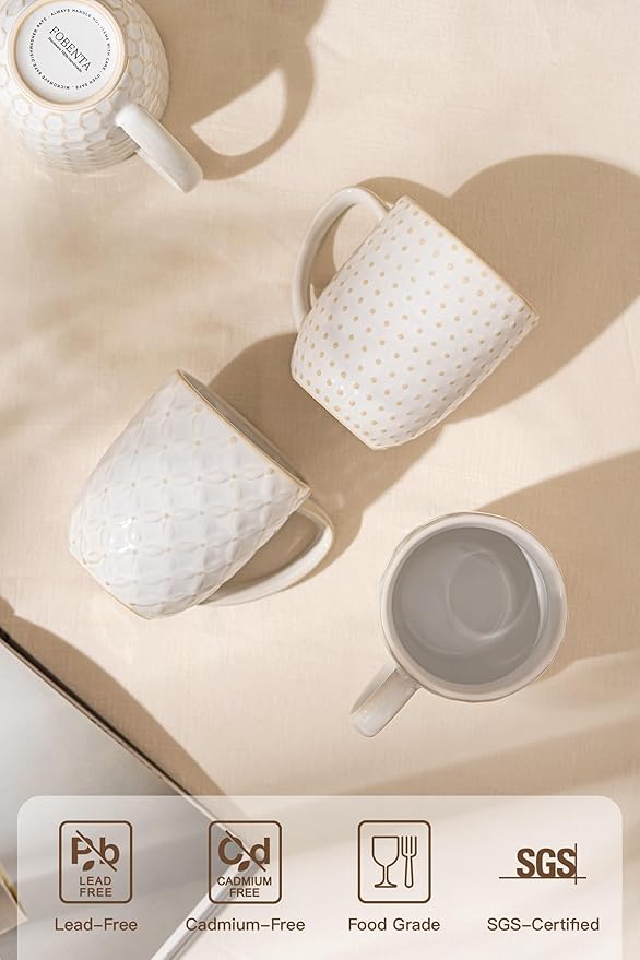 FOBENTA Ceramic Coffee Mugs Set of 4, 16 oz Coffee Cups with Embossed Design – Perfect for Latte, Tea & Cocoa, Gift for Women, Mom & Friends