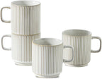 Coffee Mugs Set of 4, Ceramic Ribbed Coffee Mug, Tea Coffee Cups Set with Handle, Porcelain Mug for Americano, Latte, Cappuccino, Hot Chocolate, Glazed White