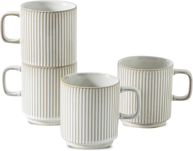 Coffee Mugs Set of 4, Ceramic Ribbed Coffee Mug, Tea Coffee Cups Set with Handle, Porcelain Mug for Americano, Latte, Cappuccino, Hot Chocolate, Glazed White