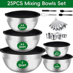Mixing Bowls Set, 25PCS Stainless Steel Mixing Bowl with Lid Set, Large Nesting Bowls 7, 4.5, 3,2, 1.5QT, Measuring Cups and Spoons Baking Utensils Metal Bowl for Kitchen Prep