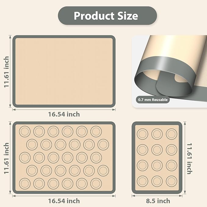 Macaron Silicone Baking Mats, 3 PCS Non Stick Macaroon Mat Silicone for Macarons, Cookie, Pastry, Gray