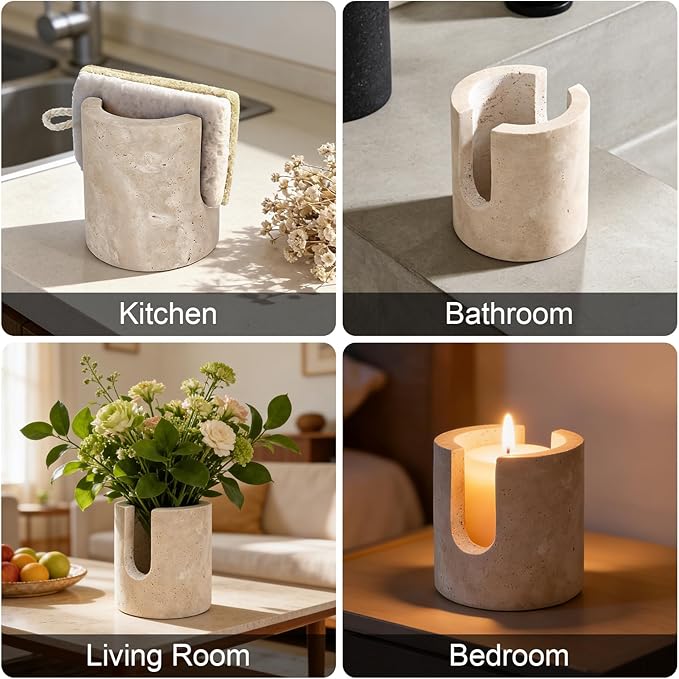 Natural Travertine Sponge Holder for Kitchen Sink Counter w A Plant-Based Kitchen Sponge, Fast Drying, Durable, Compact, Wabi-Sabi & Unique Sponge Caddy, Sink Organizer, Beige Travertine Decor