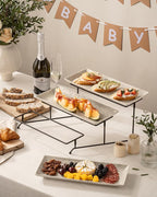 LAUCHUH 3 Tier Serving Trays for Party, 14 inch Porcelain Tiered Tray Stand Serving Platter with Collapsible Sturdier Rack Serving Dishes for Mother's Day Entertaining, Speckled Glaze