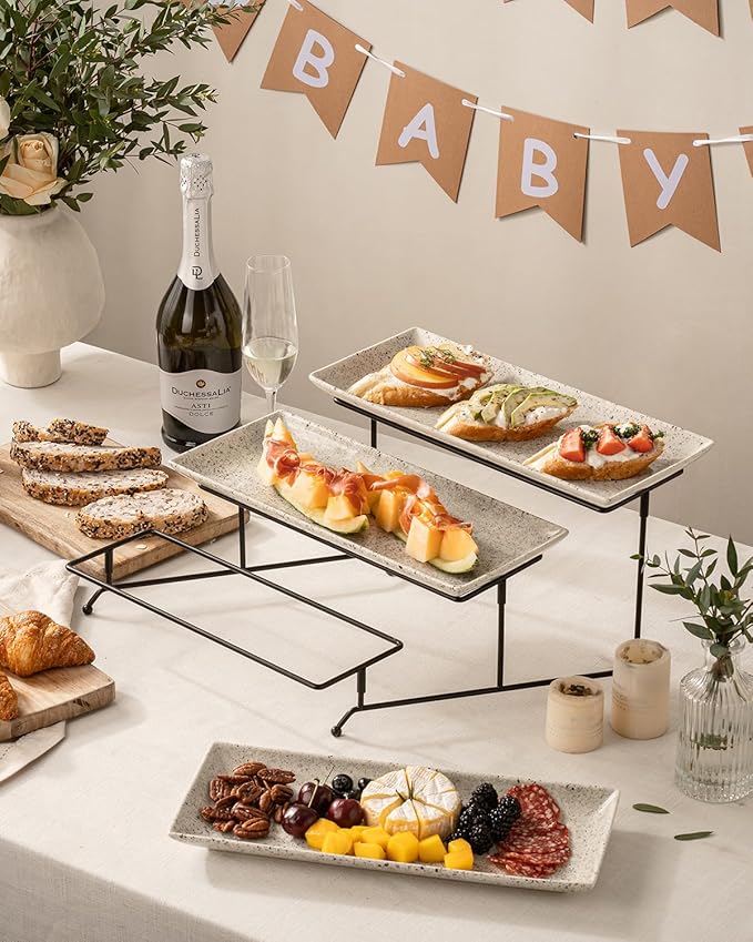 LAUCHUH 3 Tier Serving Trays for Party, 14 inch Porcelain Tiered Tray Stand Serving Platter with Collapsible Sturdier Rack Serving Dishes for Mother's Day Entertaining, Speckled Glaze