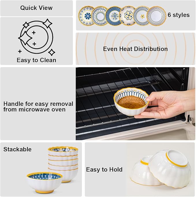 Yeacccng Bohemian Small Bowls Set of 6, 4 Inch Indented Grooved Ceramic Sauce Dishes, 7.5 Oz, Lead-Free, Scratch-Resistant, Oven/Microwave Safe, Ideal for Serving Sushi, Appetisers, Desserts, Ketchup