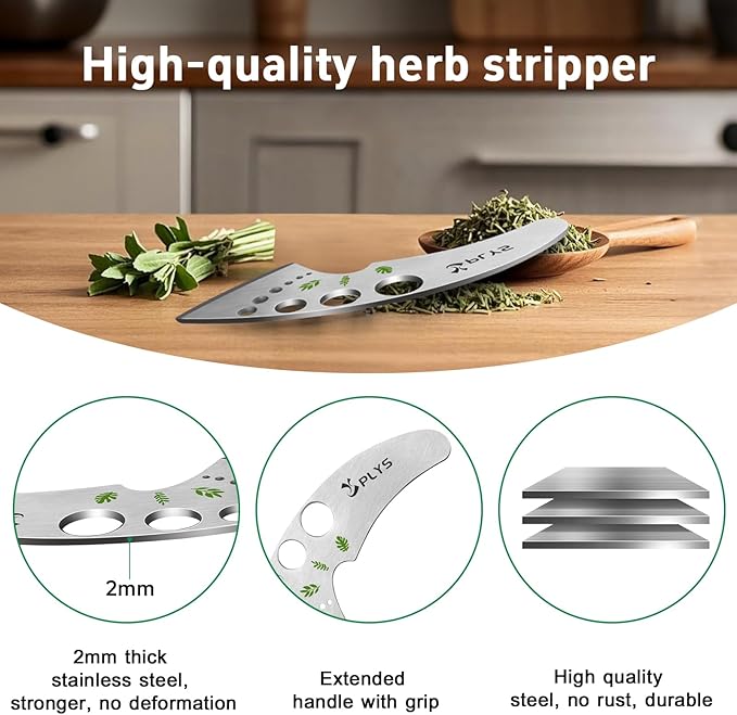 Plys Herb Stripper Tool 9 Holes - Stainless Steel Kitchen Herb Stripping Tool, Herb Leaf Peeler for Kale, Chard, Collard Greens, Rosemary, Thyme, Parsley and Basil, 2025 Professional Kitchen Gadgets