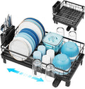 GSlife Expandable Dish Drying Rack with Drainboard, Compact Rustproof Dish Rack for Kitchen Counter, Ultra-Sturdy Space Saver with Cup Holder for Small Apartment,12.2" W x 12"-20.5" L, Black