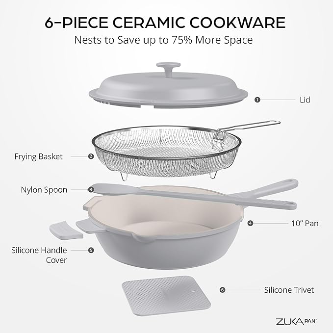 ZUKA 10 in 1 Ceramic Pan by Granitestone, Large 10 Inch Saute Pan with Lid Serves as Deep Frying Pan Set with Steamer, Everyday Skillet, Non Toxic Ceramic Nonstick, Induction Oven & Dishwasher Safe